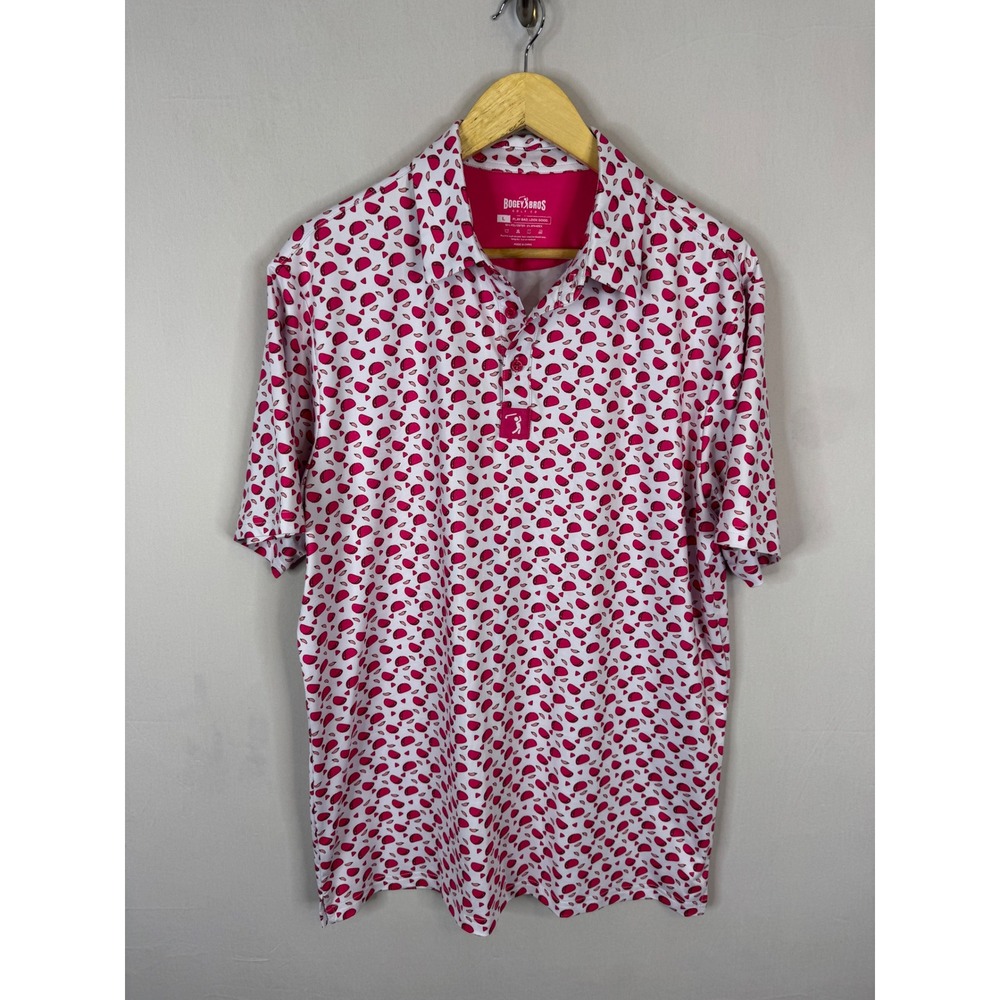 Bogey Bros Golf Co Mens L Taco Polo Shirt Pink White Graphic Performance
